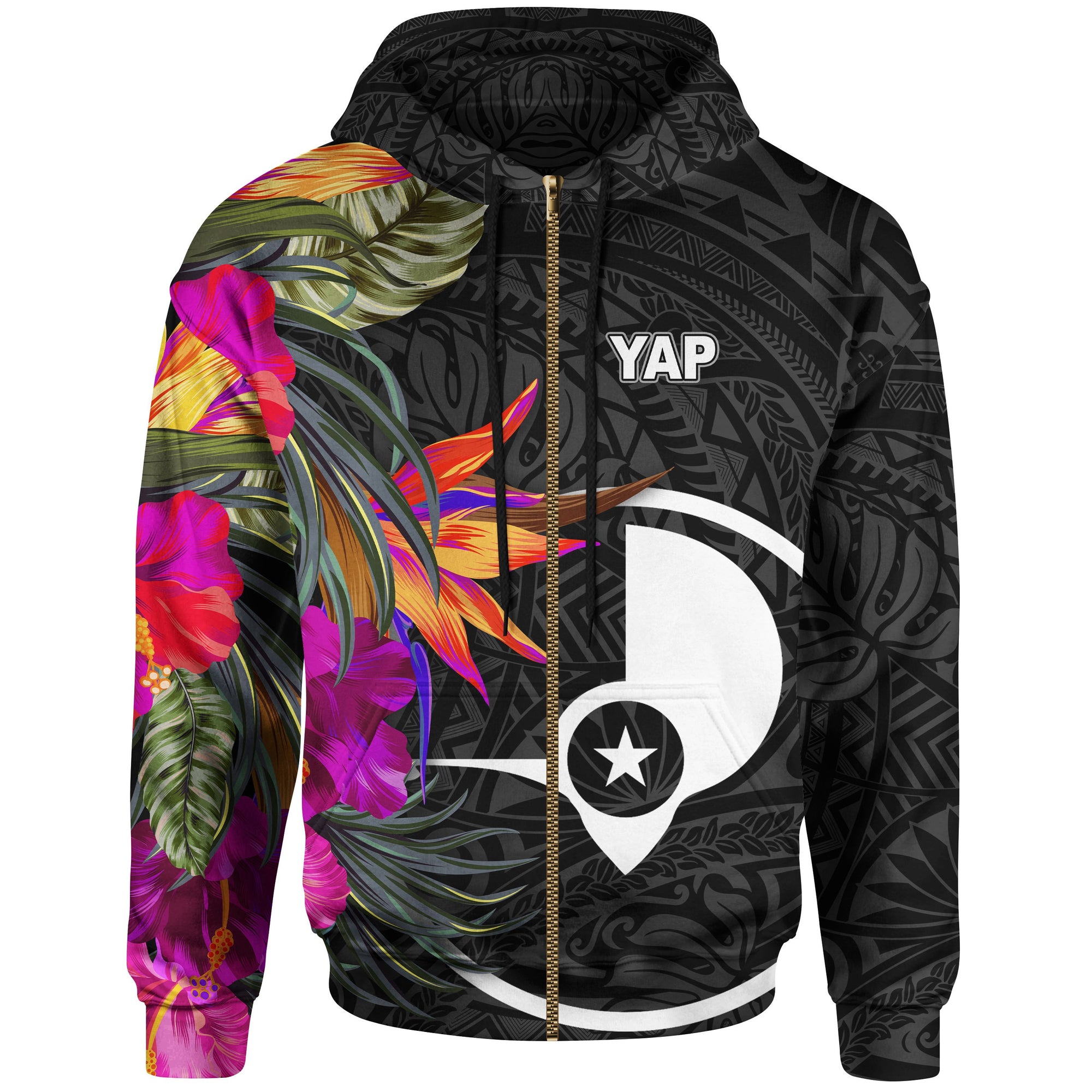 Yap Zip up Hoodie Hibiscus Polynesian Pattern Unisex Black - Polynesian Pride