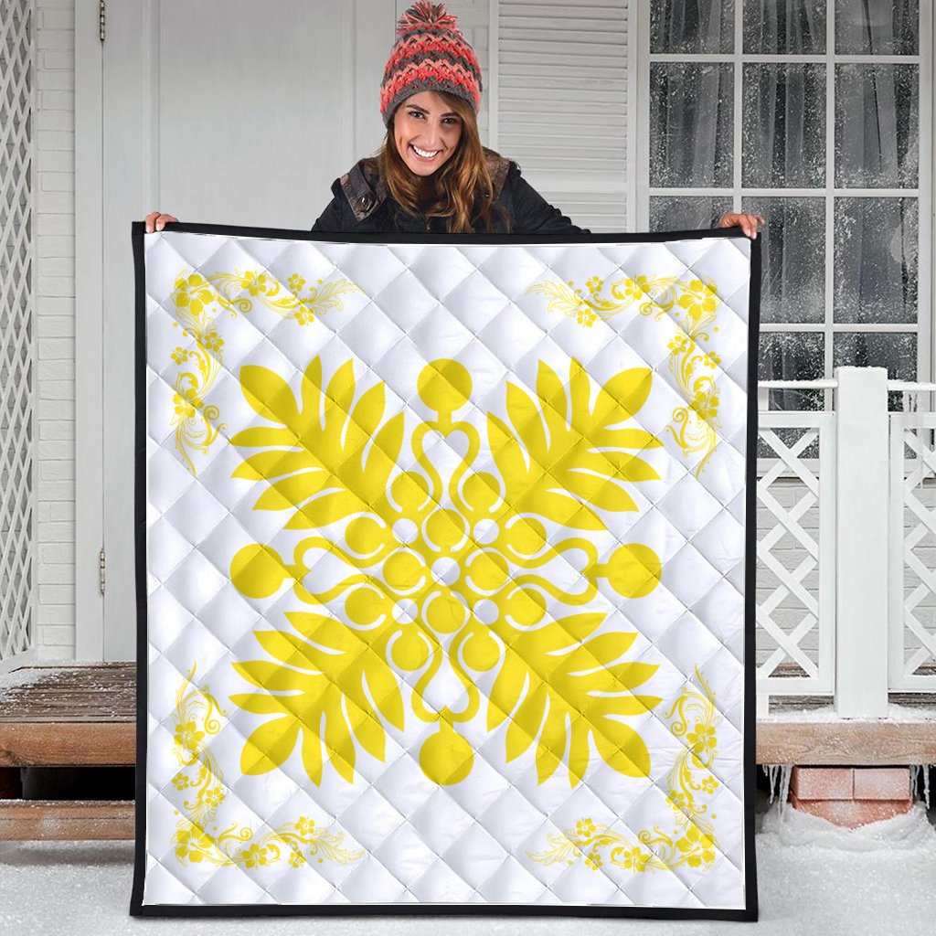 Hawaiian Quilt Maui Plant And Hibiscus Premium Quilt - Yellow White - AH - Polynesian Pride