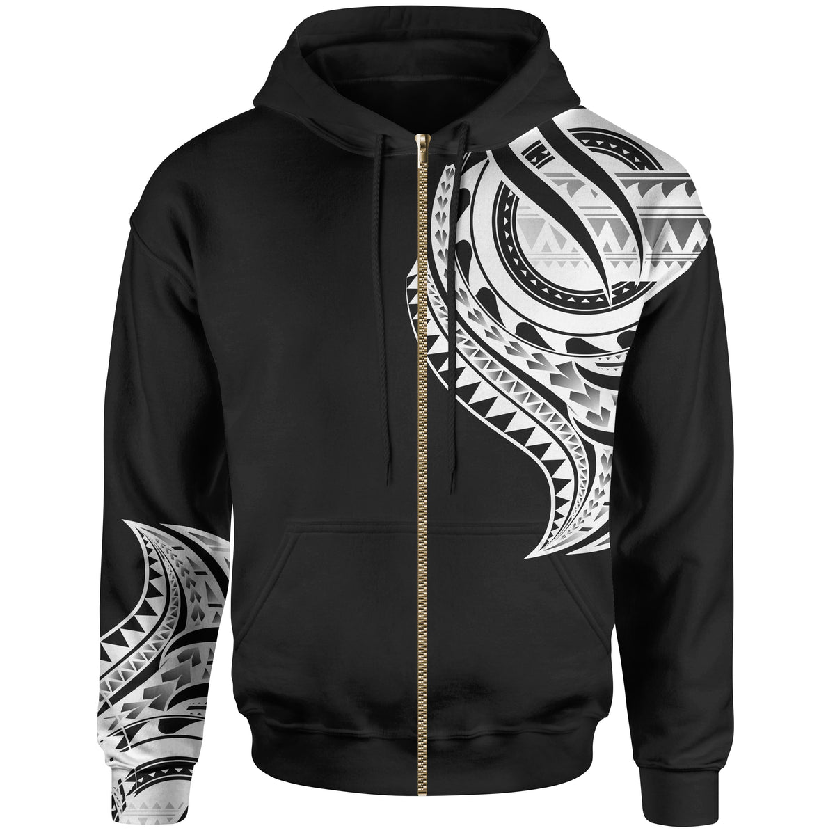Cook Islands Zip Hoodie Cook Islands Tatau White Patterns With Coat of Arms Unisex Black - Polynesian Pride