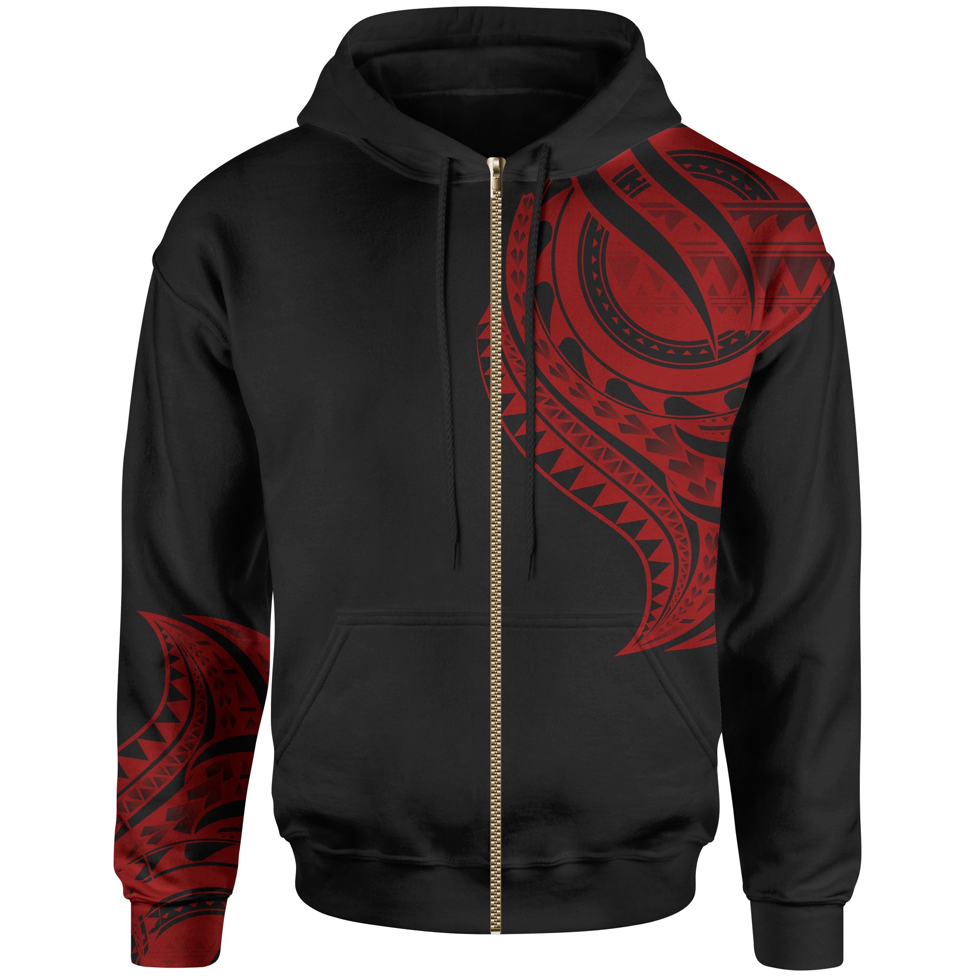 Cook Islands Zip Hoodie Cook Islands Tatau Red Patterns With Coat of Arms Unisex Black - Polynesian Pride