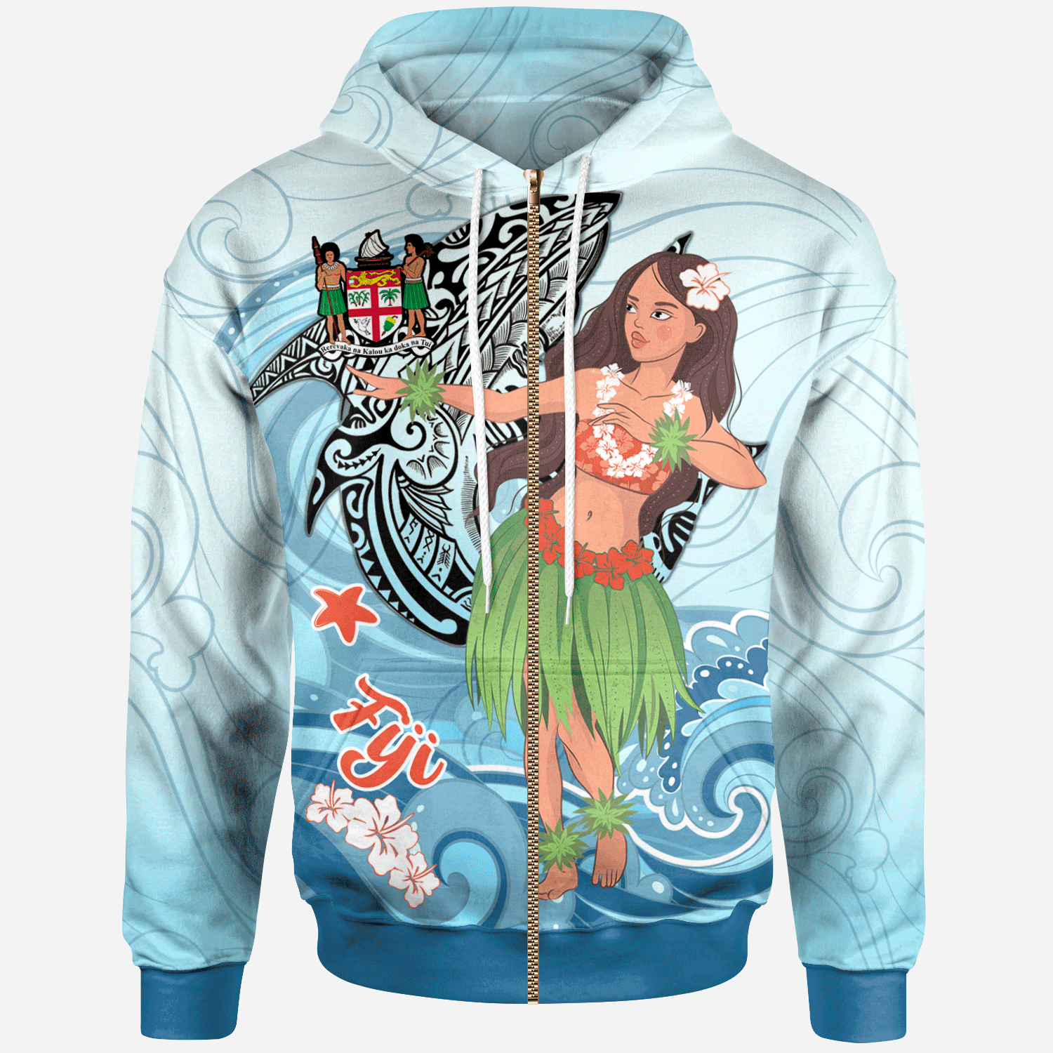 Fiji Zip Hoodie Polynesian Girls With Shark Unisex Blue - Polynesian Pride