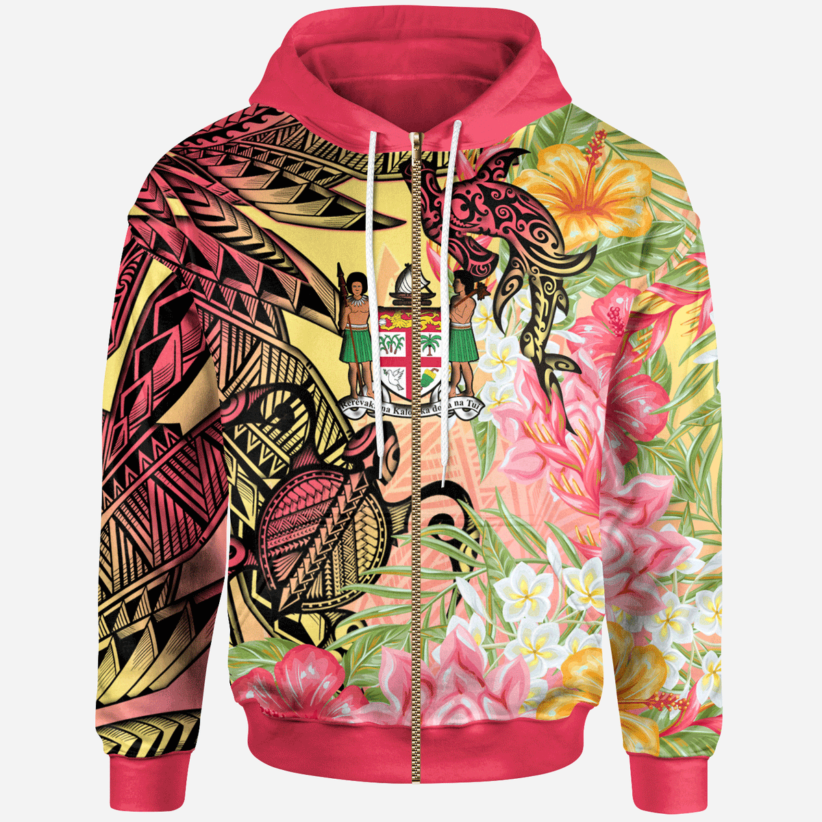 Fiji Zip Hoodie Flowers Tropical With Sea Animals Unisex Pink - Polynesian Pride