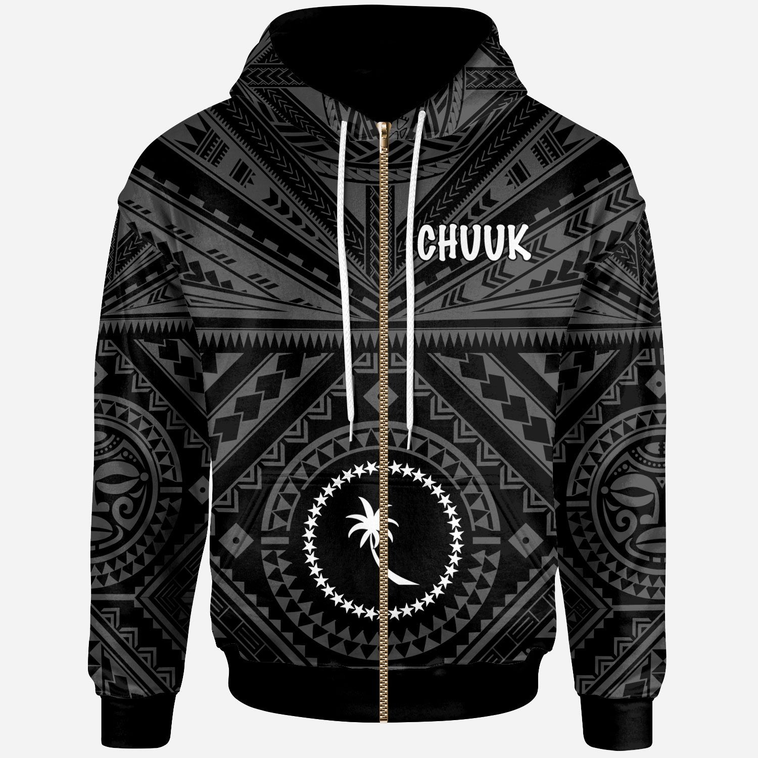 Chuuk Zip up Hoodie Chuuk Seal With Polynesian Tattoo Style (Black) Unisex Black - Polynesian Pride