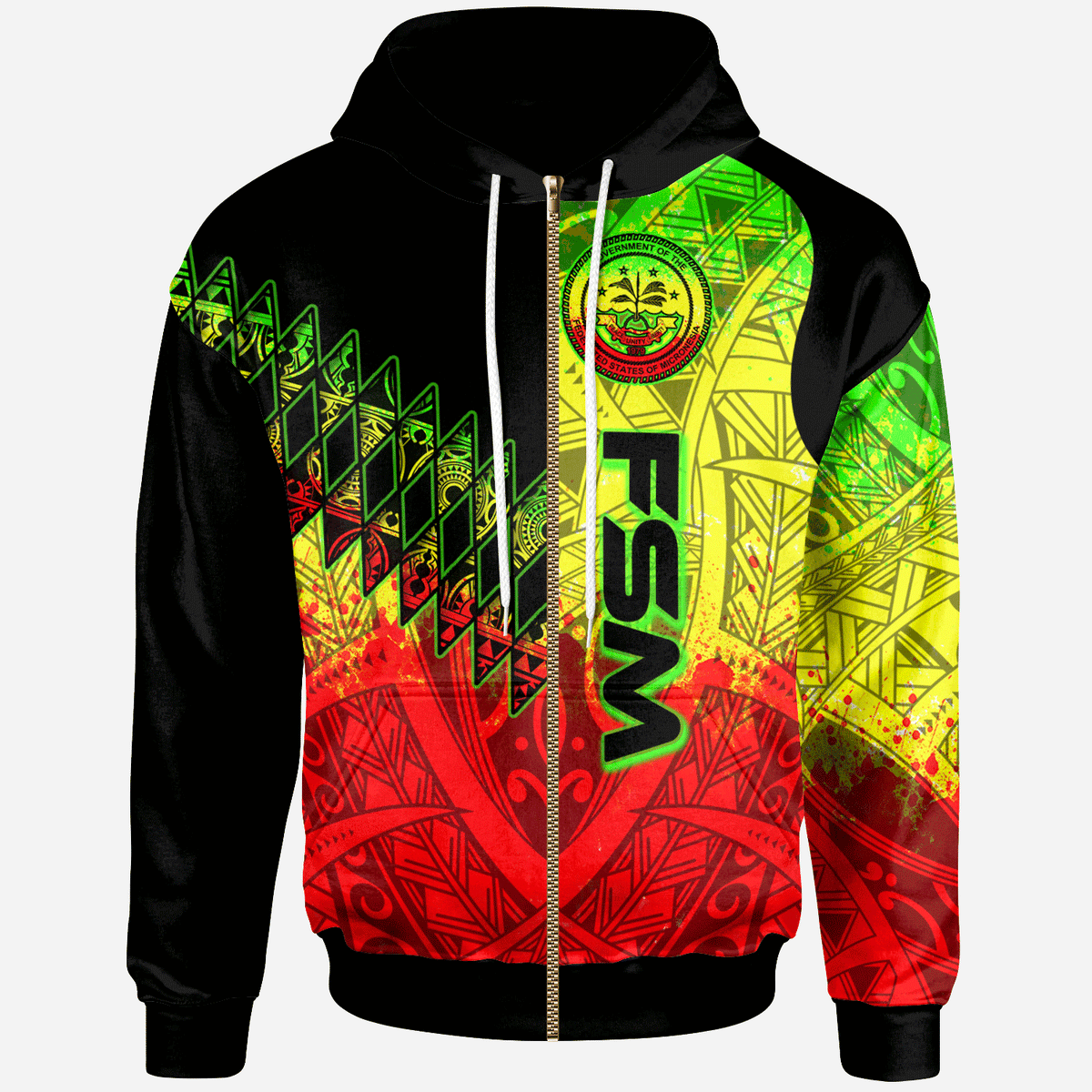 Federated States of Micronesia Zip Hoodie Reggage Color Symmetry Style Unisex Black - Polynesian Pride