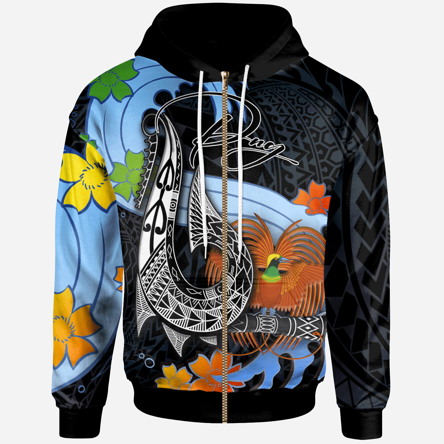 Papua New Guinea Zip Hoodie Fish Hooks and Wave Unisex Black - Polynesian Pride
