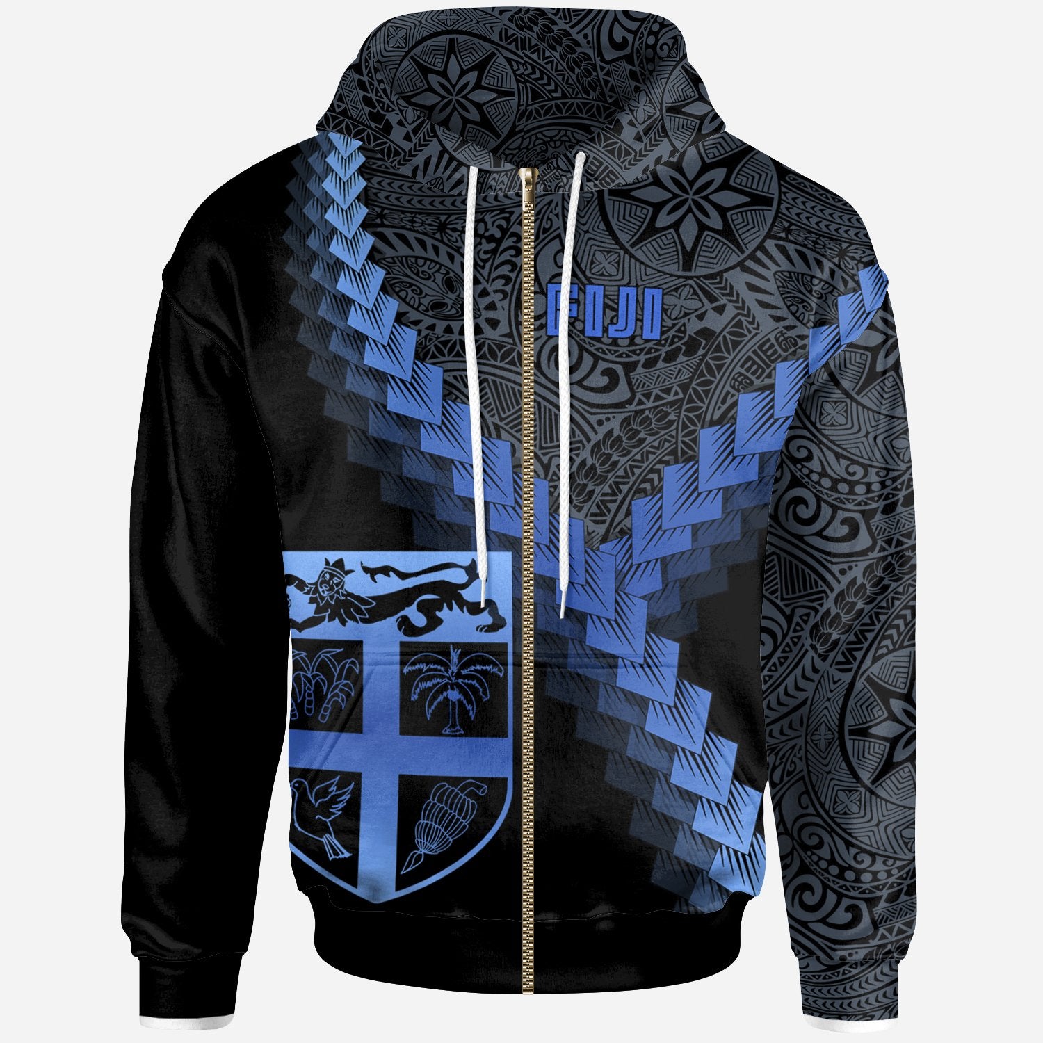 Fiji Zip up Hoodie Fiji Coat of Arms With Polynesian Tattoo Blue Unisex Blue - Polynesian Pride