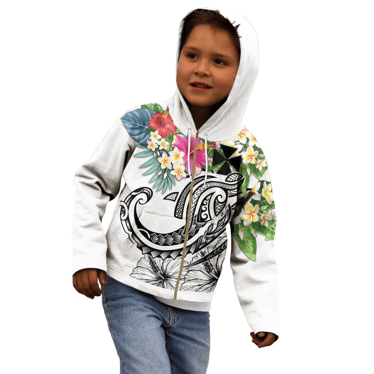 Wallis and Futuna Polynesian Zip up Hoodie Summer Plumeria (White) - Polynesian Pride