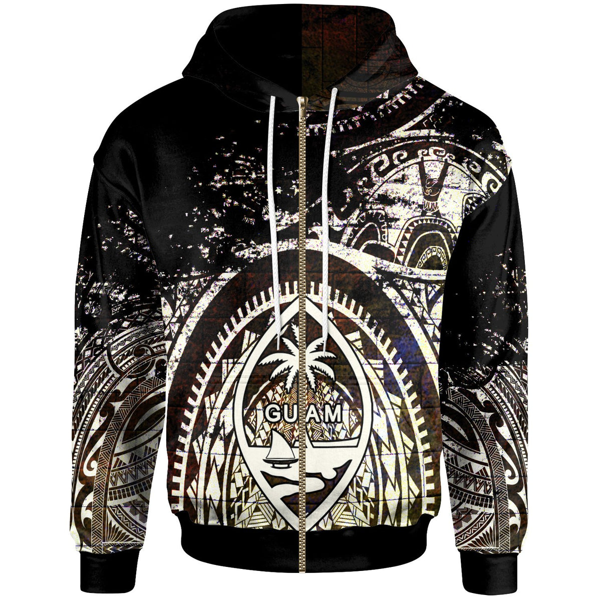 Polynesian Zip up Hoodie Guam Flag, Seal with Maui Moana Tattoo Unisex Black - Polynesian Pride