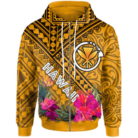 Hawaii Zip up Hoodie Kanaka Maoli With Hibiscus On Polynesian Patterns (YELLOW) Unisex White - Polynesian Pride