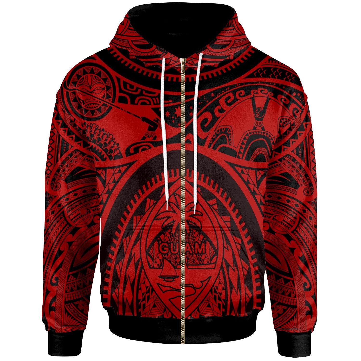 Polynesian Zip up Hoodie Guam Flag, Seal with Maui Moana Tattoo Unisex Red - Polynesian Pride