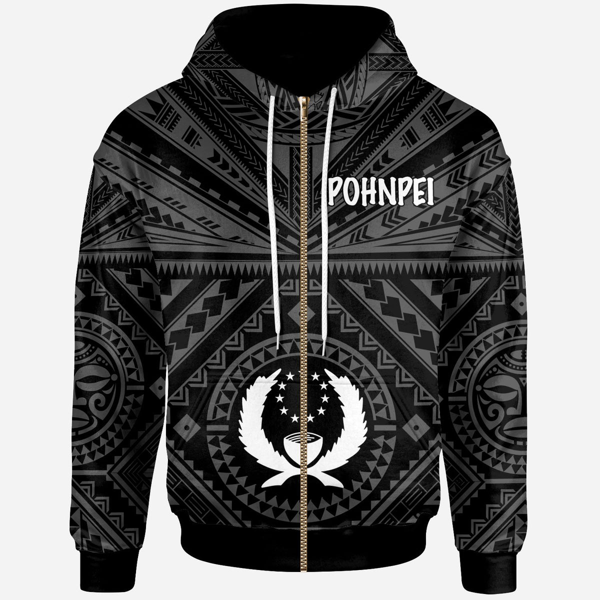 Pohnpei Zip up Hoodie Pohnpei Seal With Polynesian Tattoo Style (Black) BN25 Unisex Black - Polynesian Pride