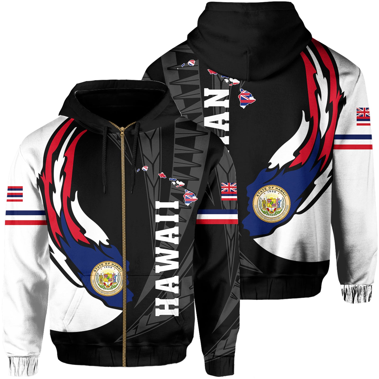 Hawaii Polynesian Coat of Arms Hoodie Zip Ball Style Ver 2.0 Unisex Black - Polynesian Pride