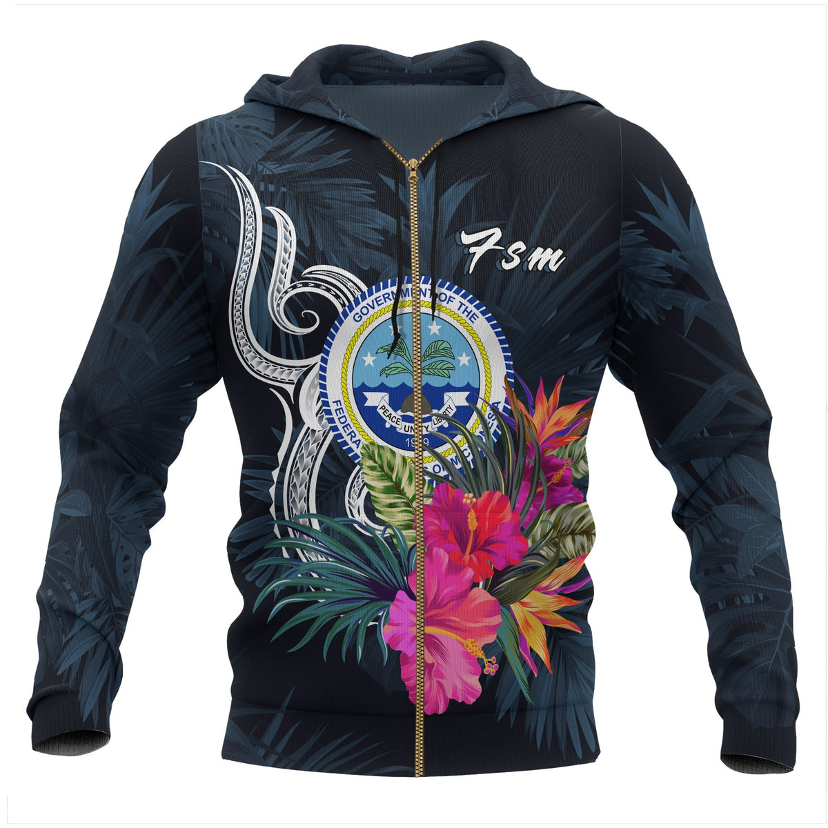 Federated States of Micronesia Zip up Hoodie Tropical Flower Unisex Blue - Polynesian Pride