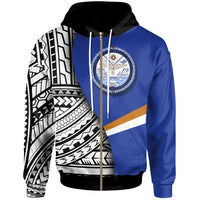 Marshall Islands Zip up Hoodie Coat of Arm and Polynesian Patterns Unisex Blue - Polynesian Pride