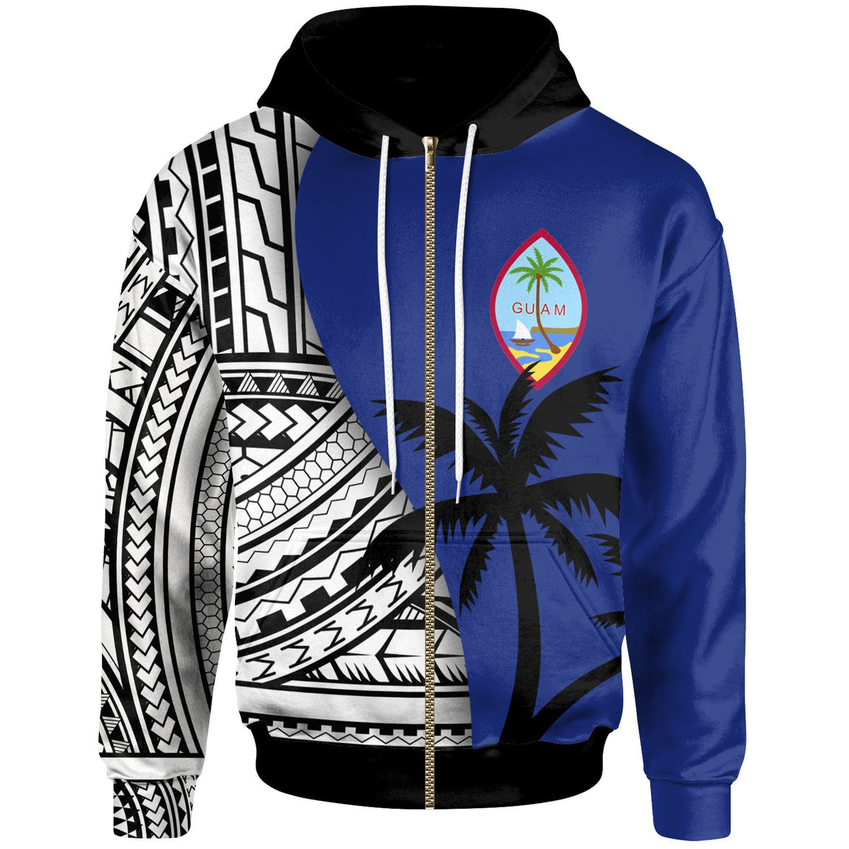 Guam Zip up Hoodie Coat of Arm and Polynesian Patterns Unisex Blue - Polynesian Pride