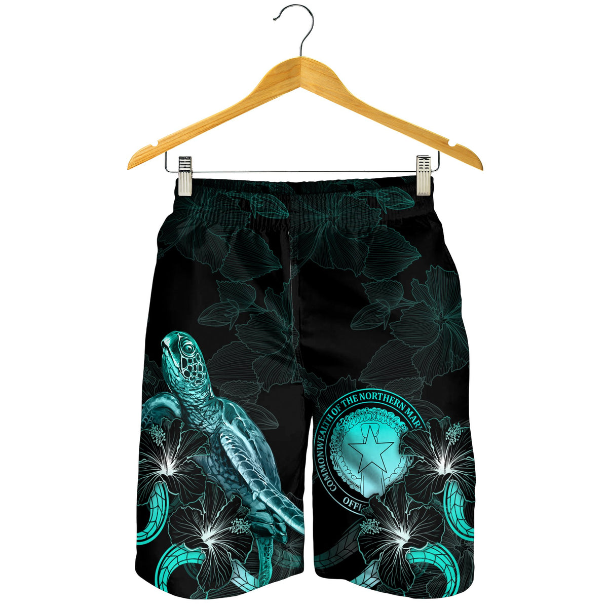 CNMI Polynesian Men's Shorts - Turtle With Blooming Hibiscus Turquoise - Polynesian Pride