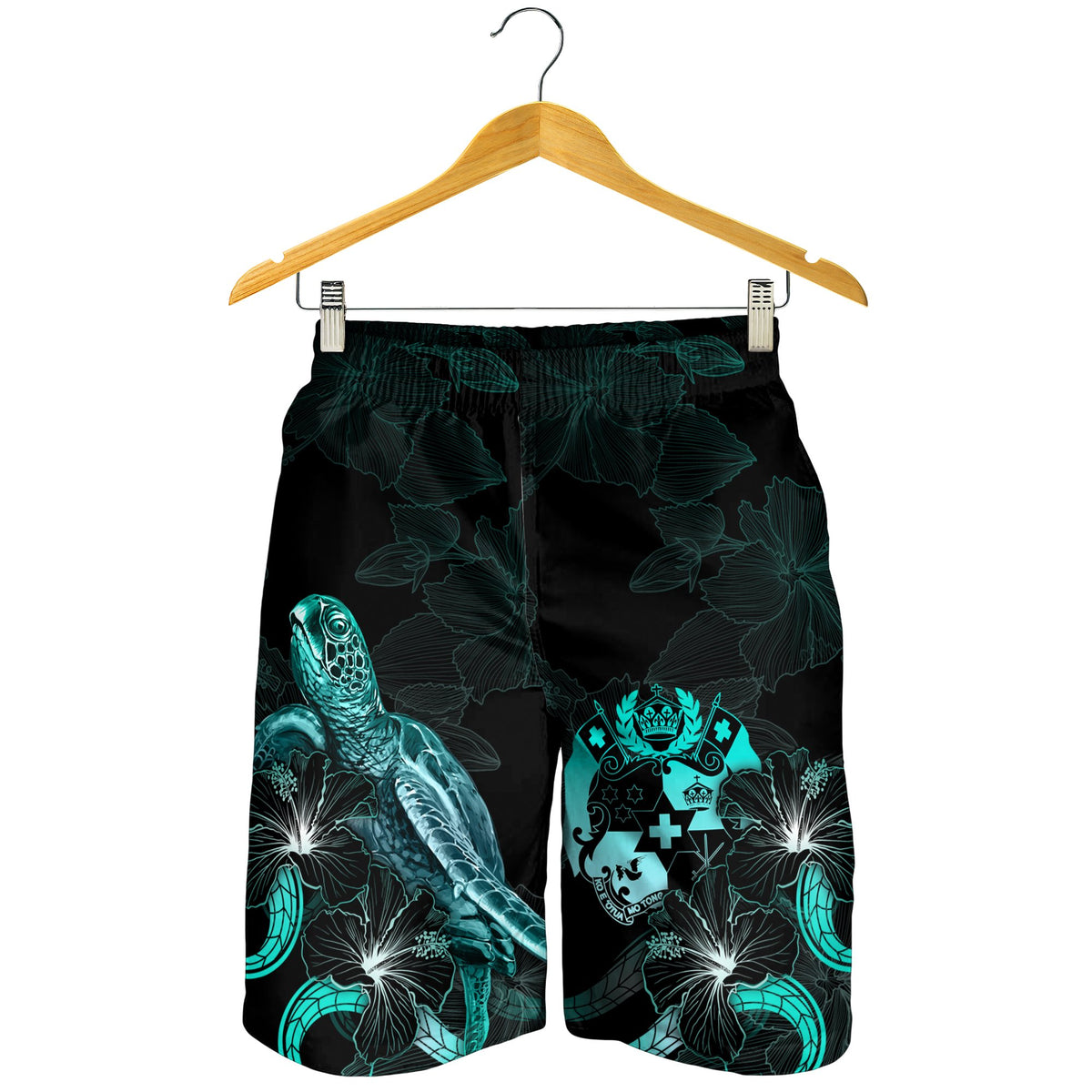 Tonga Polynesian Men's Shorts - Turtle With Blooming Hibiscus Turquoise - Polynesian Pride