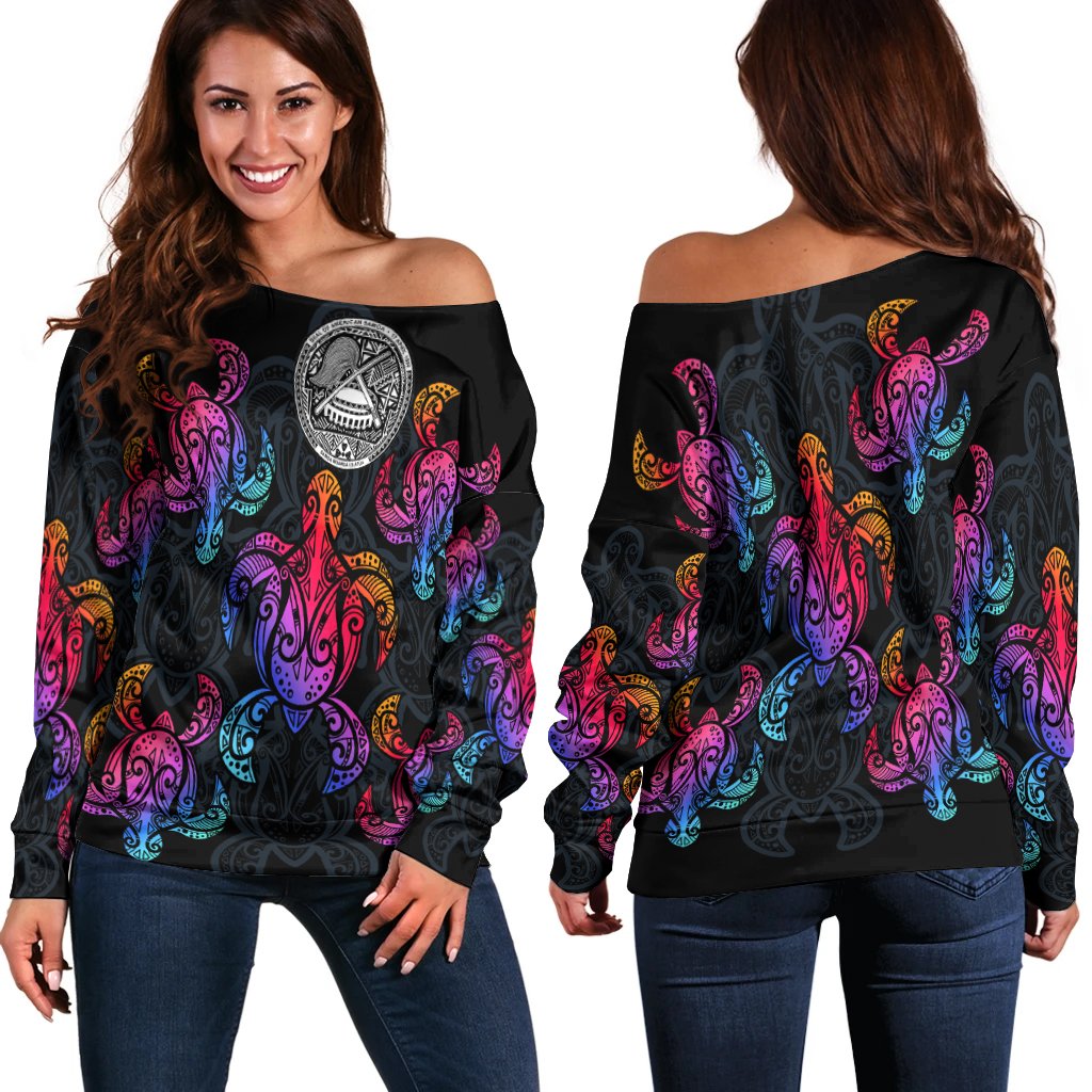 American Samoa Women's Off Shoulder Sweater - Sea Turtle In Tribal Polynesian Style - Polynesian Pride