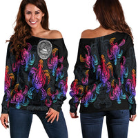 American Samoa Women's Off Shoulder Sweater - Sea Turtle In Tribal Polynesian Style - Polynesian Pride