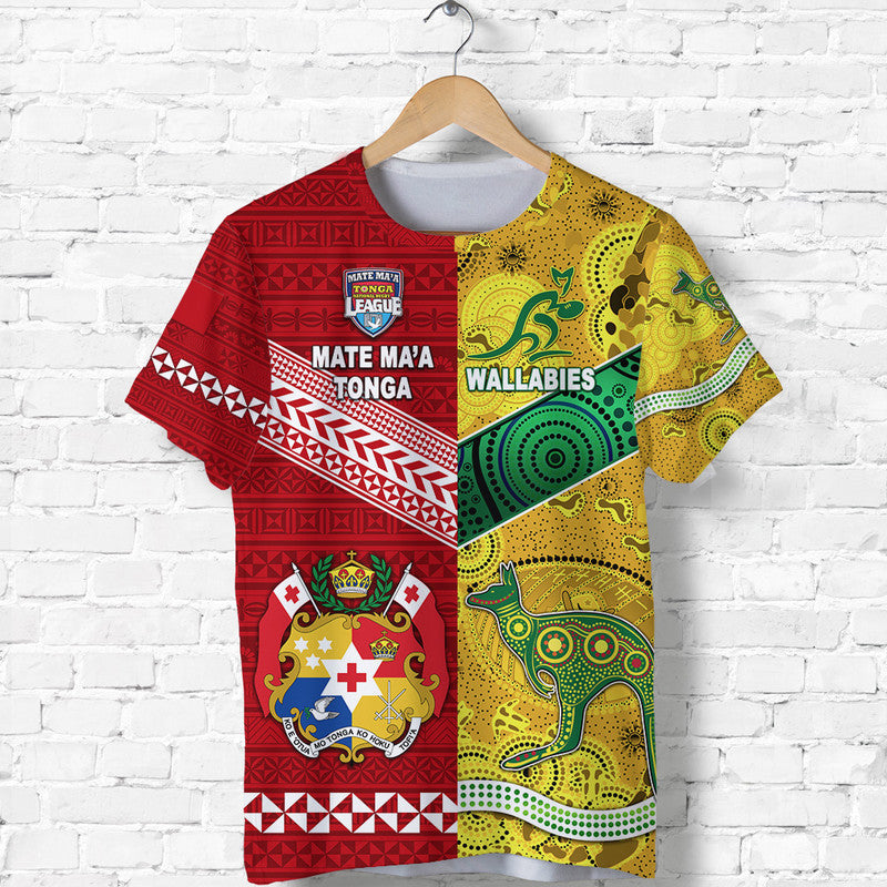 Custom Mate Maa Tonga Ngatu and Australia Wallabies Aboriginal T Shirt Rugby Together LT8 Kid - Polynesian Pride