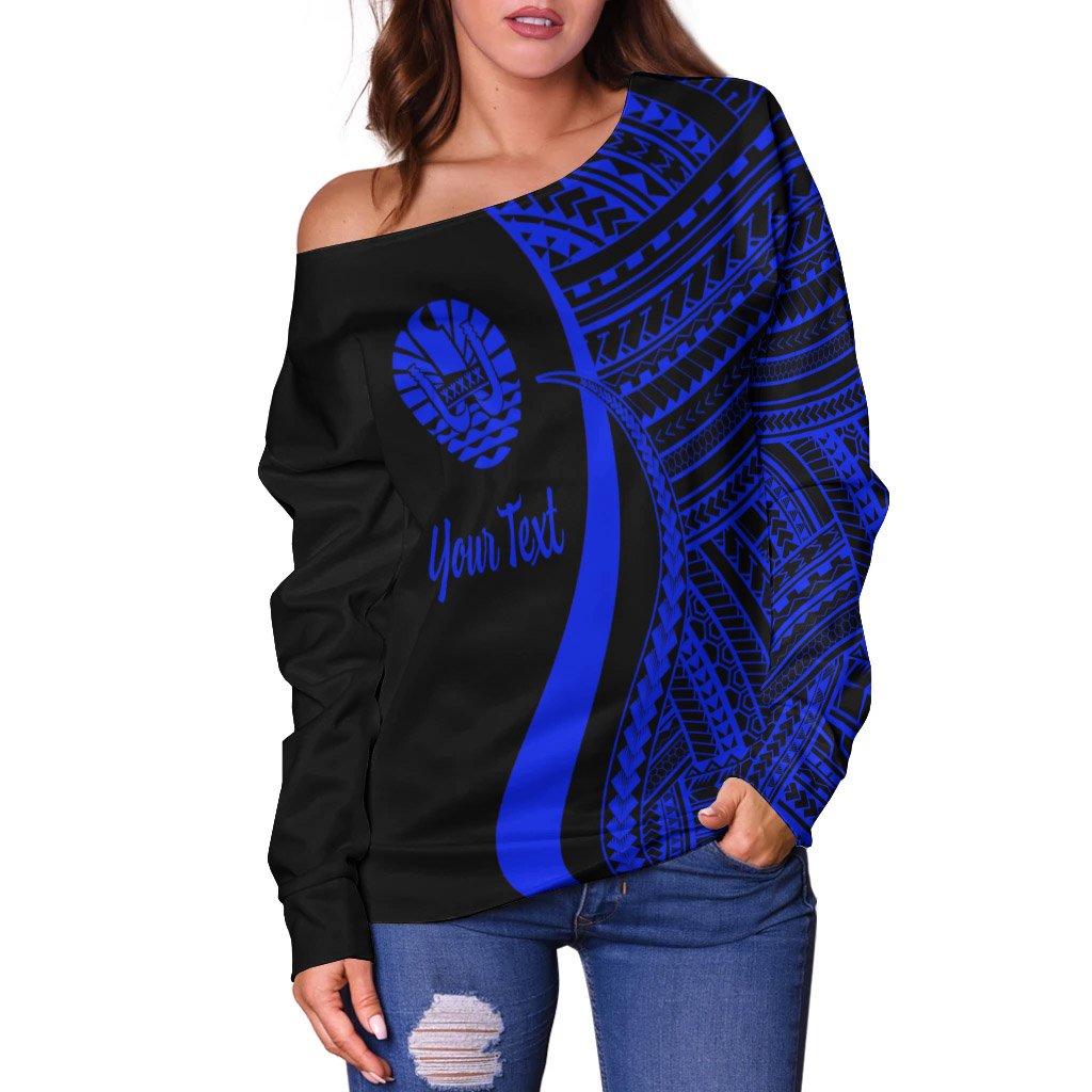 Tahiti Custom Personalised Women's Off Shoulder Sweater - Blue Polynesian Tentacle Tribal Pattern - Polynesian Pride
