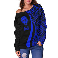 Tahiti Women's Off Shoulder Sweater - Blue Polynesian Tentacle Tribal Pattern - Polynesian Pride
