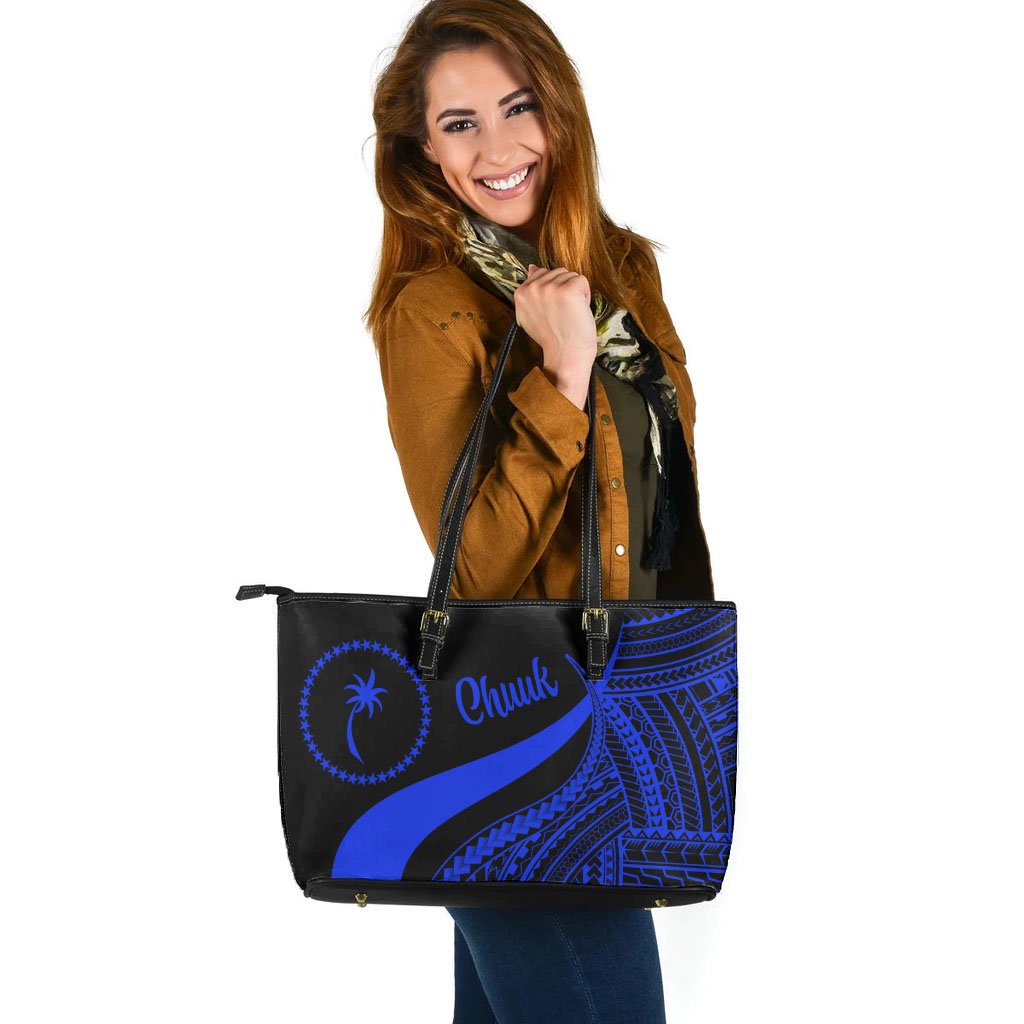 Chuuk Large Leather Tote Bag - Blue Polynesian Tentacle Tribal Pattern - Polynesian Pride