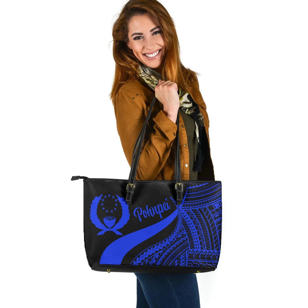 Pohnpei Large Leather Tote Bag - Blue Polynesian Tentacle Tribal Pattern - Polynesian Pride