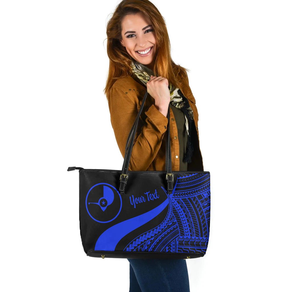 Yap Custom Personalised Large Leather Tote Bag - Blue Polynesian Tentacle Tribal Pattern - Polynesian Pride