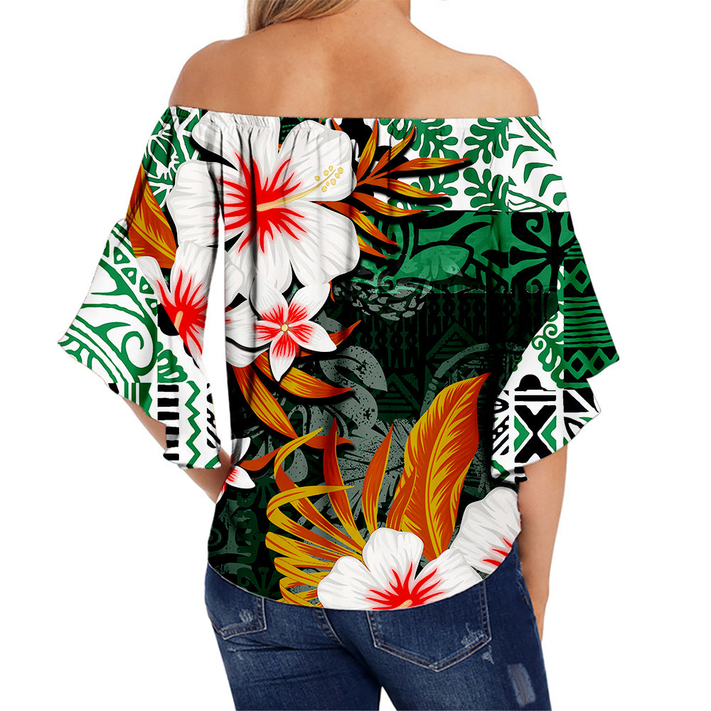 Hawaii Ukulele Off Shoulder Waist Wrap Top Green Style LT6 - Polynesian Pride