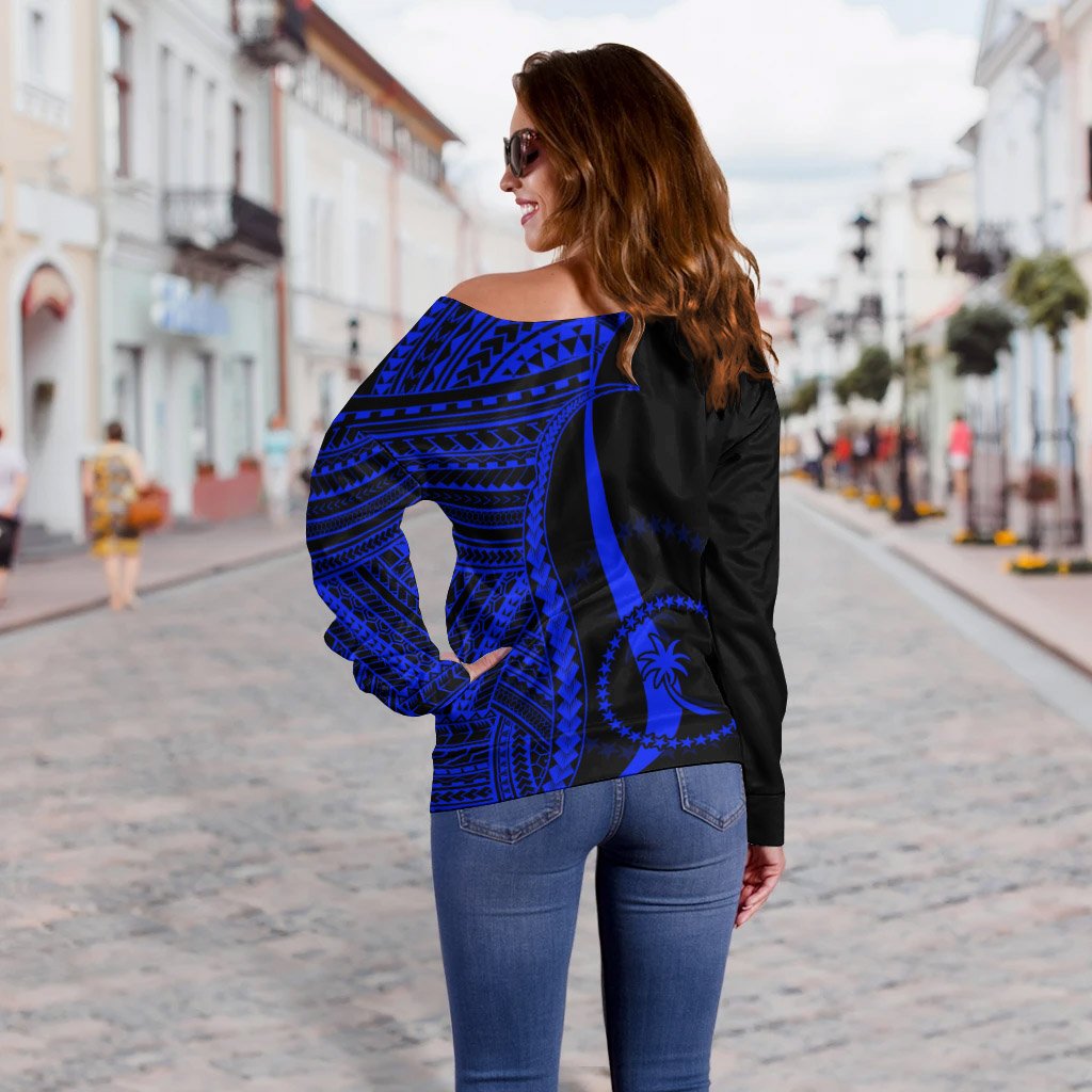 Chuuk Women's Off Shoulder Sweater - Blue Polynesian Tentacle Tribal Pattern - Polynesian Pride