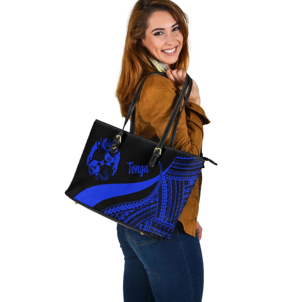 Tonga Large Leather Tote Bag - Blue Polynesian Tentacle Tribal Pattern - Polynesian Pride