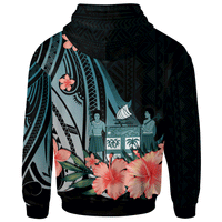 Fiji Zip Hoodie Turquoise Polynesian Hibiscus Pattern Style - Polynesian Pride