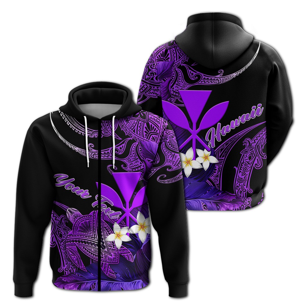 Custom Hawaii Turtle With Plumeria Leaf Purple Hoodie LT12 Zip Hoodie Black - Polynesian Pride