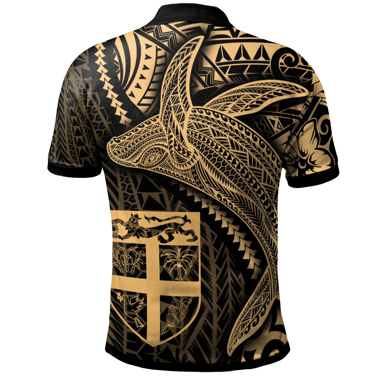 Fiji Polo Shirt Humpback Whale and Coat of Arms Gold - Polynesian Pride