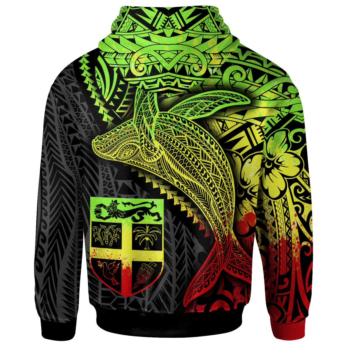 Fiji Zip up Hoodie Humpback Whale & Coat of Arms Reggae - Polynesian Pride