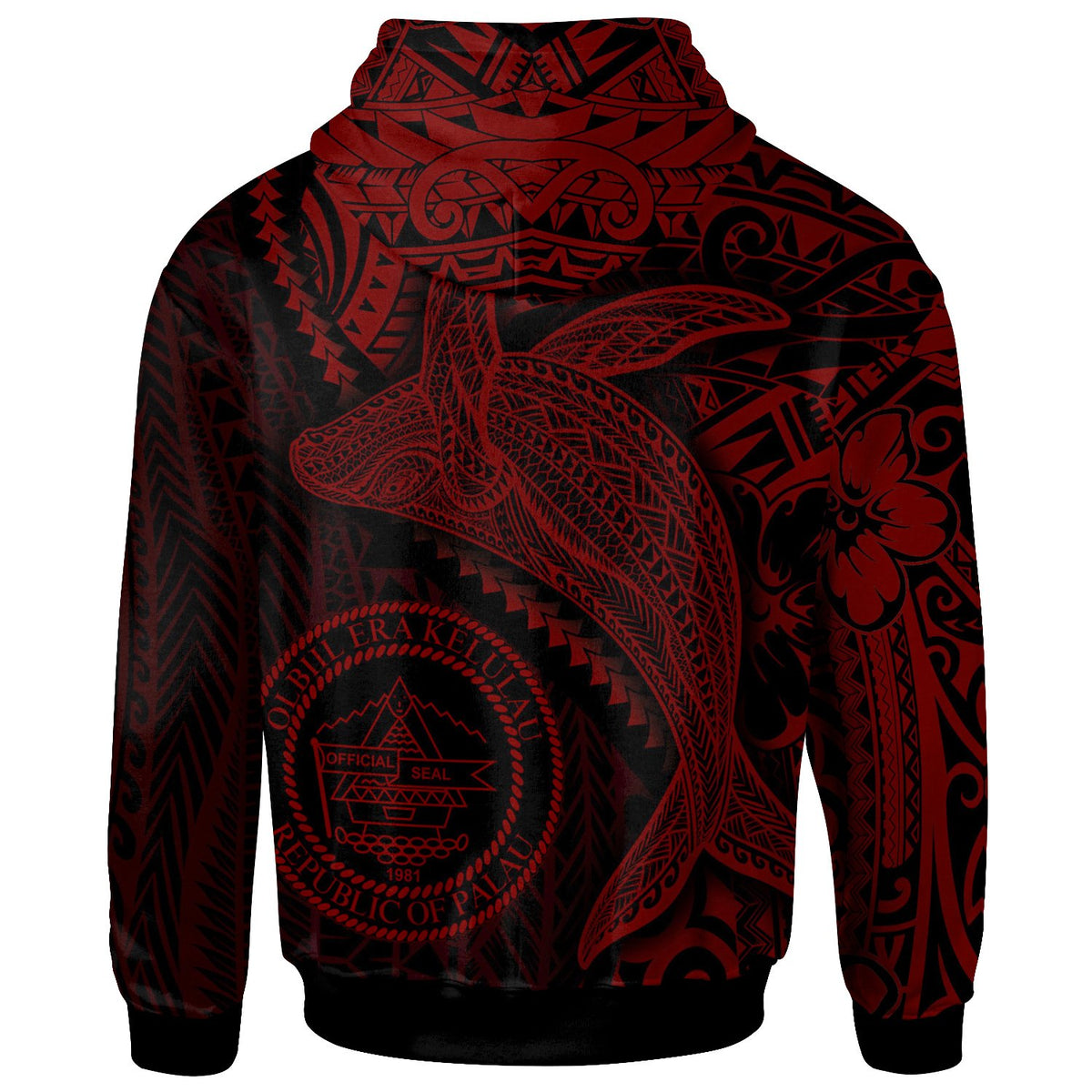 Palau Zip up Hoodie Humpback Whale & Coat of Arms Red - Polynesian Pride