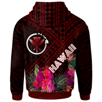 Hawaii Zip up Hoodie Kanaka Maoli With Hibiscus On Polynesian Patterns (RED) - Polynesian Pride