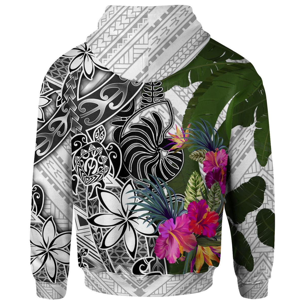 New Caledonia Zip up Hoodie White Turtle Plumeria Banana Leaf - Polynesian Pride