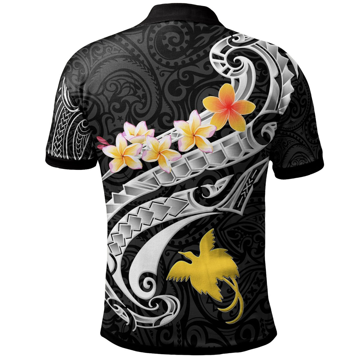 Papua New Guinea Custom Polo Shirt PNG Seal Polynesian Patterns Plumeria (Black) - Polynesian Pride