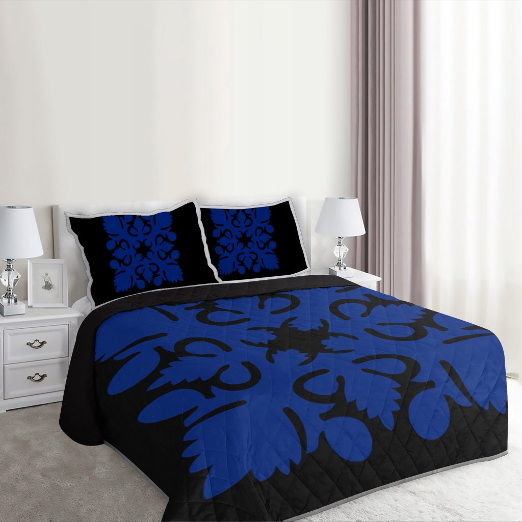 Hawaiian Royal Pattern Quilt Bed Set - Black And Blue - I2 Style - AH - Polynesian Pride