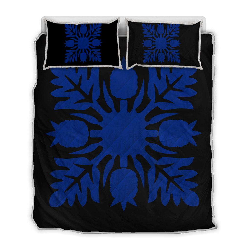 Hawaiian Royal Pattern Quilt Bed Set - Black And Blue - N1 Style - AH Blue - Polynesian Pride