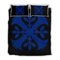 Hawaiian Royal Pattern Quilt Bed Set - Black And Blue - F3 Style - AH Blue - Polynesian Pride