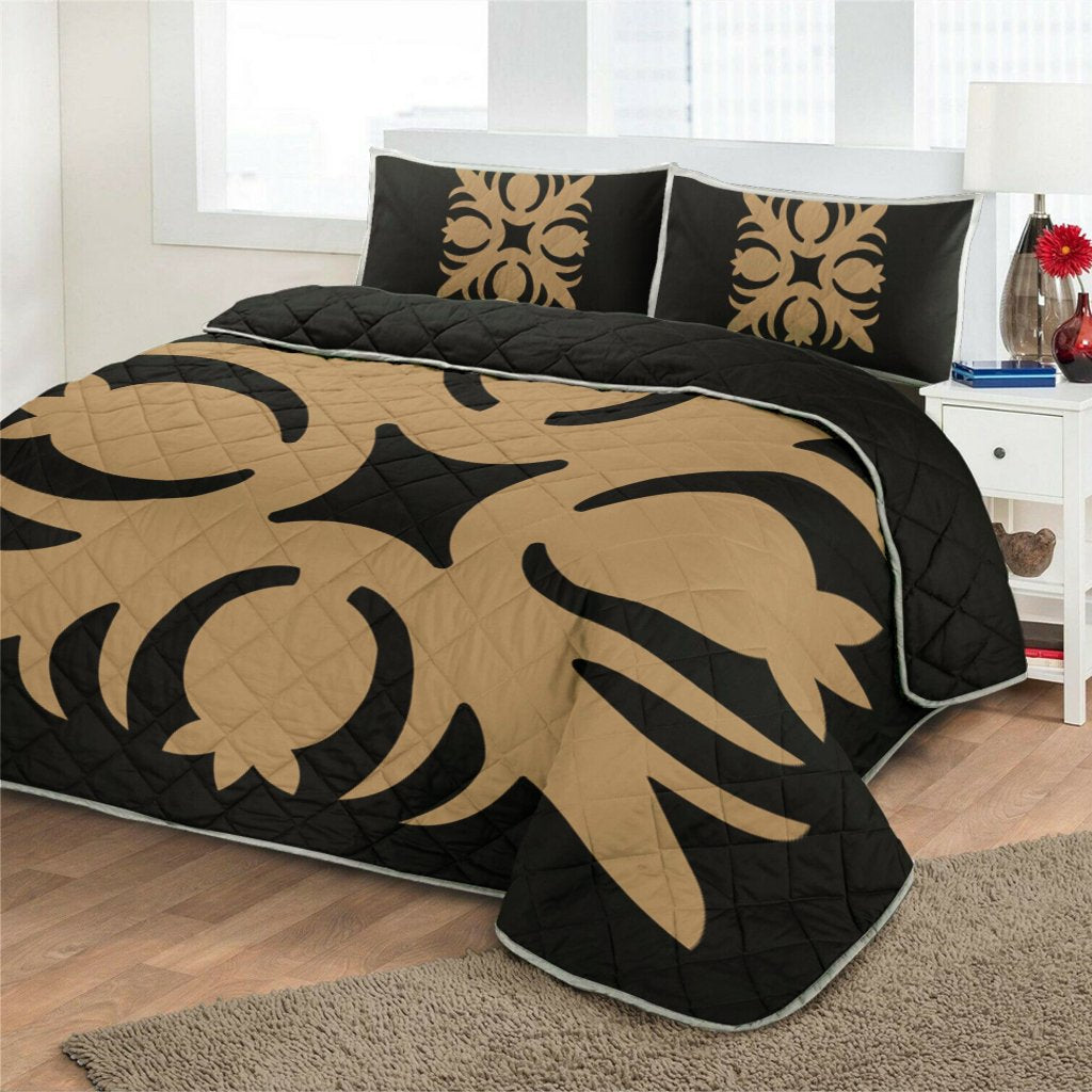 Hawaiian Royal Pattern Quilt Bed Set - Black And Gold - I1 Style - AH - Polynesian Pride