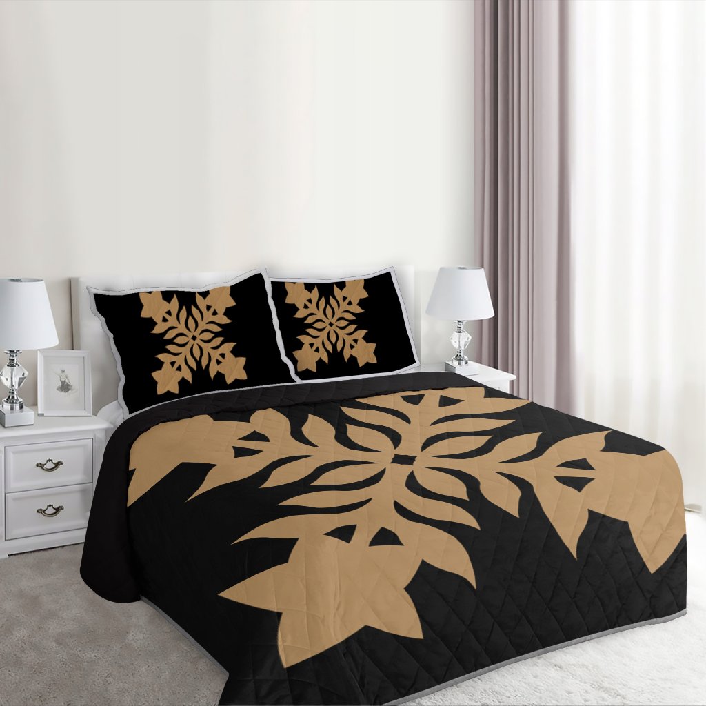 Hawaiian Royal Pattern Quilt Bed Set - Black And Gold - E2 Style - AH - Polynesian Pride
