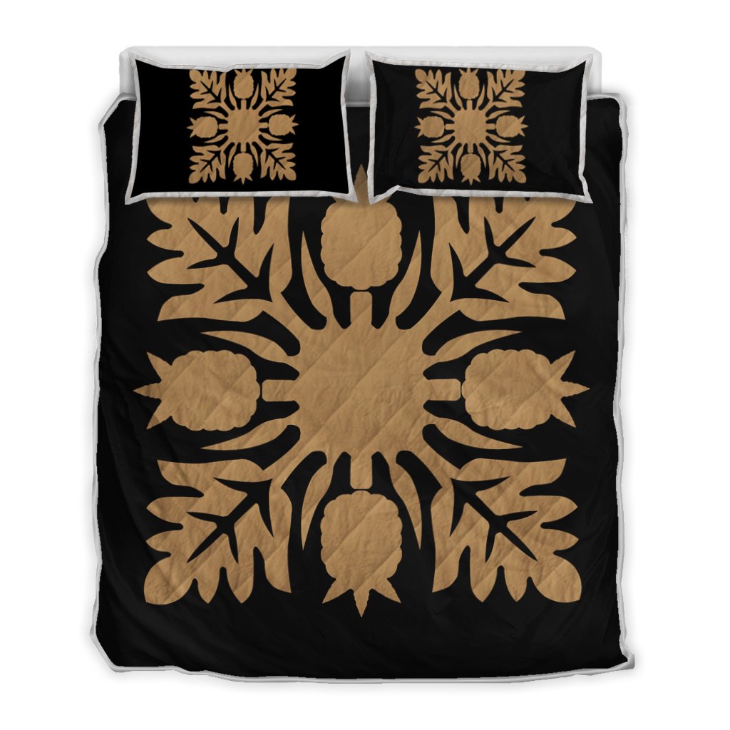 Hawaiian Royal Pattern Quilt Bed Set - Black And Gold - N1 Style - AH Gold - Polynesian Pride