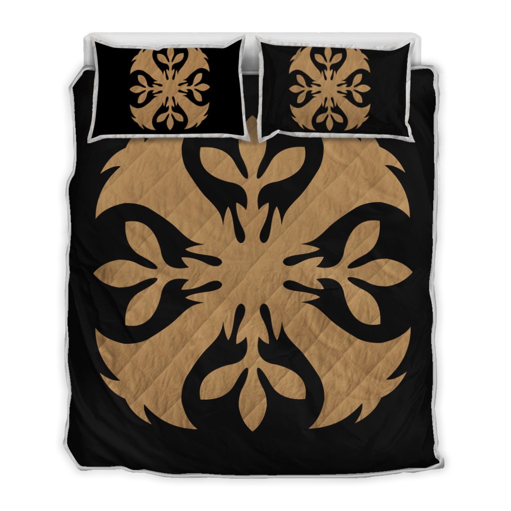 Hawaiian Royal Pattern Quilt Bed Set - Black And Gold - F3 Style - AH Gold - Polynesian Pride