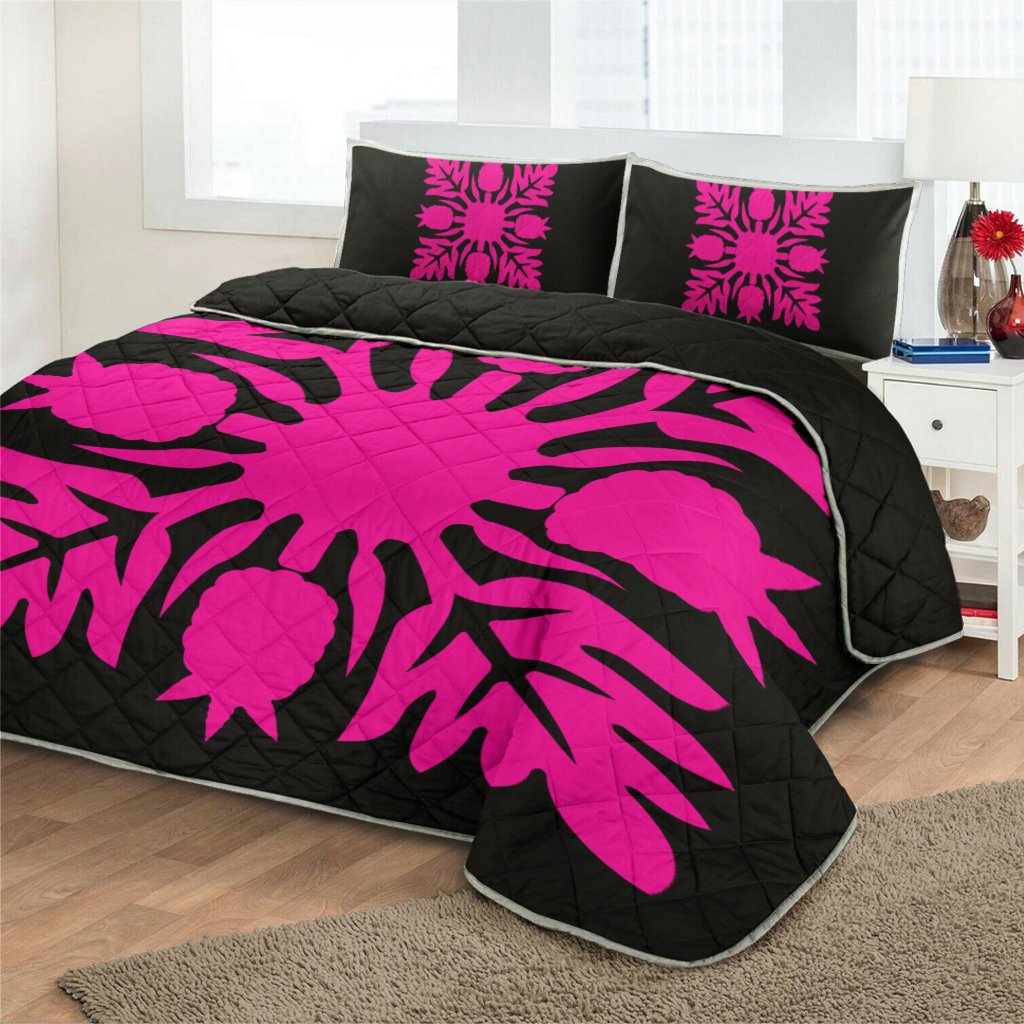Hawaiian Royal Pattern Quilt Bed Set - Black And Pink - N1 Style - AH - Polynesian Pride