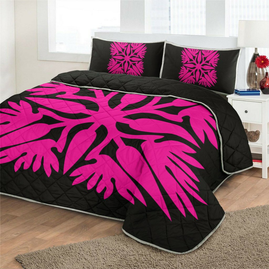 Hawaiian Royal Pattern Quilt Bed Set - Black And Pink - A3 Style - Polynesian Pride