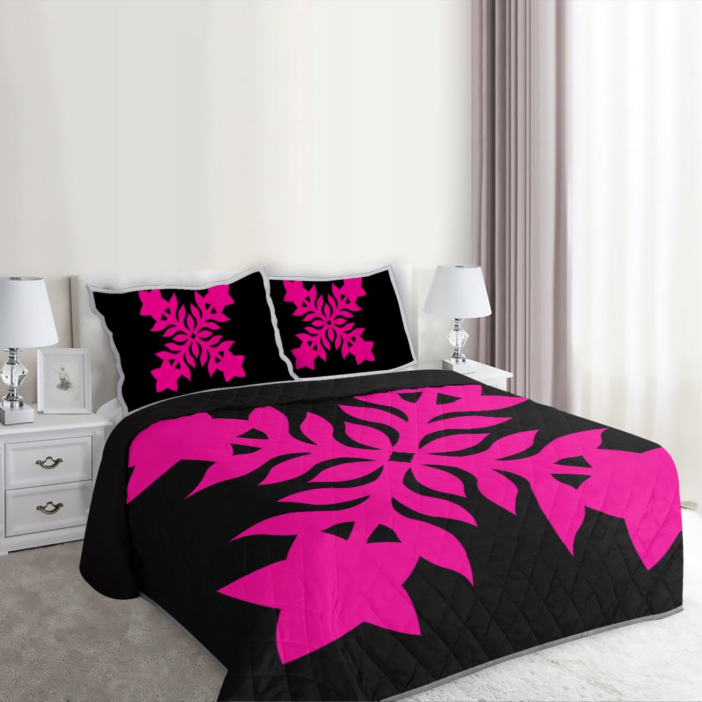 Hawaiian Royal Pattern Quilt Bed Set - Black And Pink - E2 Style - AH - Polynesian Pride